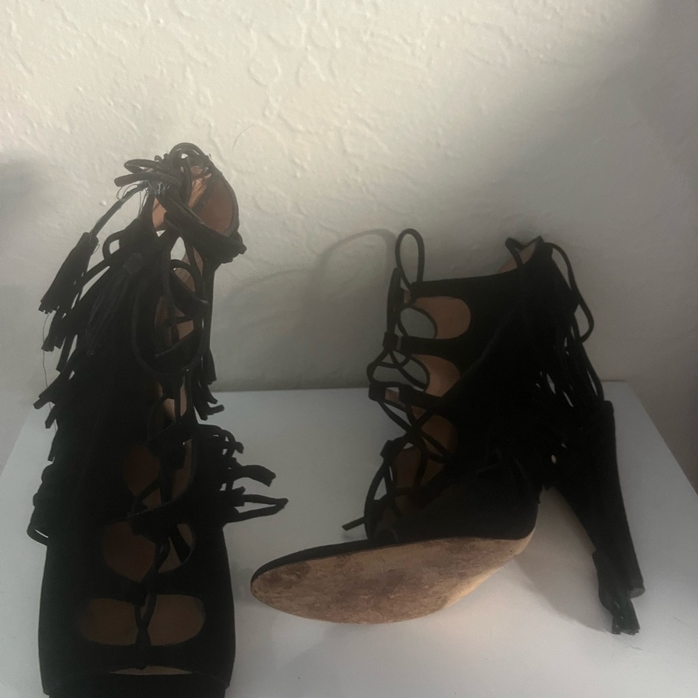 Sigerson Morrison Black Lace-Up Fringe Heels